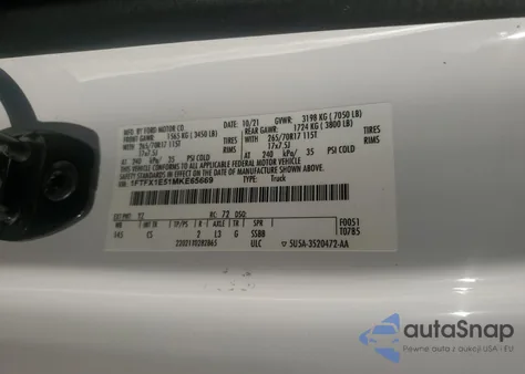 2021 Ford F150 Super Cab z USA, uszkodzony, nr VIN 1FTFX1E51MKE65669